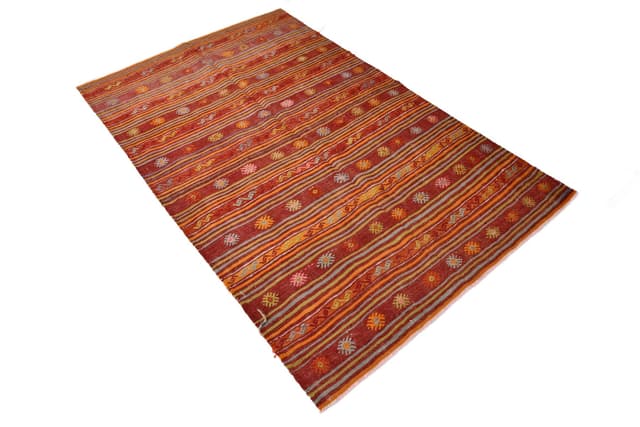 Kilim 131x203 cm, czerwony, pomarańczowy, wełna, Turcja, lata 60. - WYMIARY