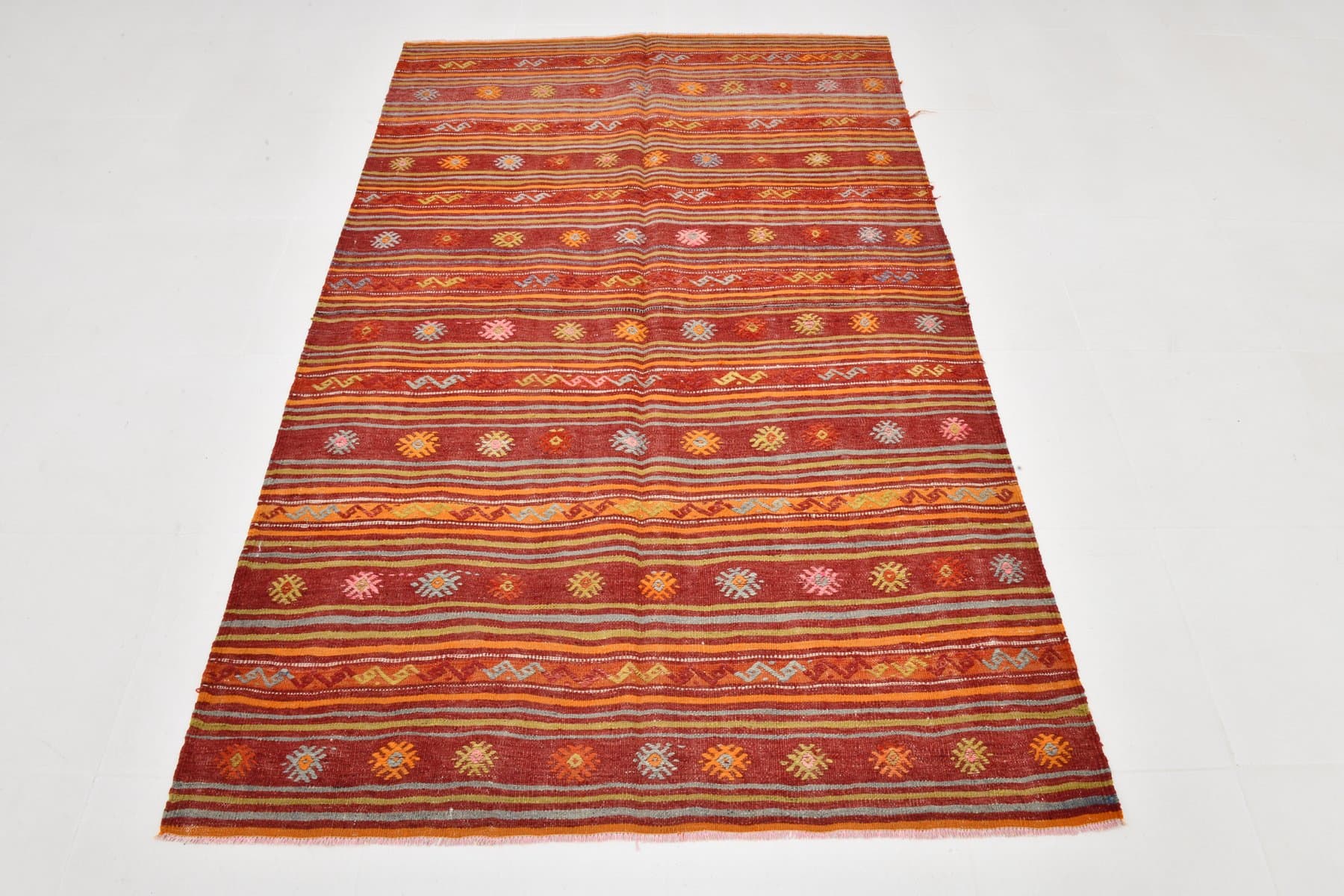 Kilim 131x203 cm, czerwony, pomarańczowy, wełna, Turcja, lata 60. - 212375
