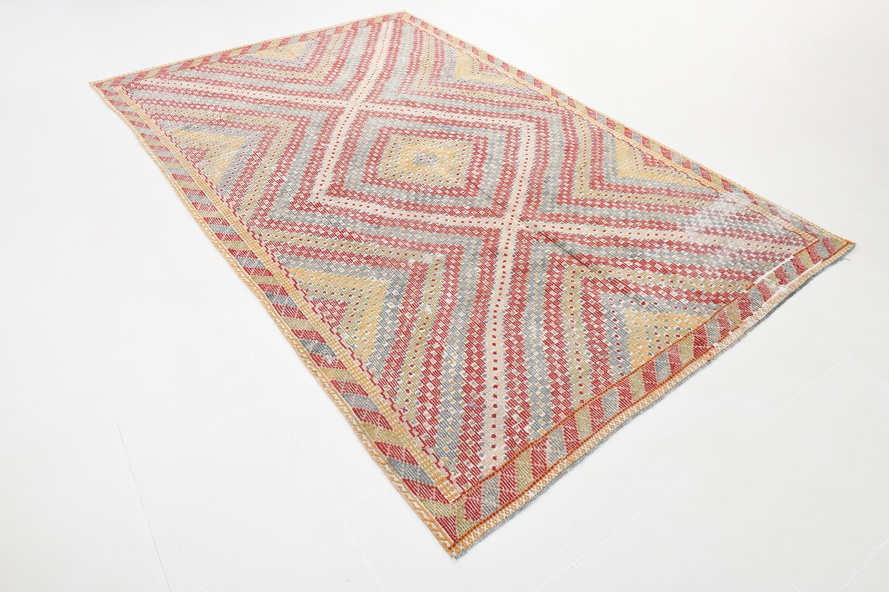 Kilim 200x312 cm, czerwony, oliwkowy, wełna, lata 70. - 212321