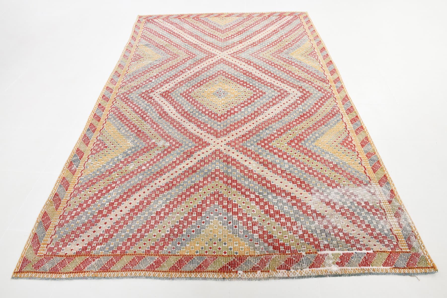 Kilim 200x312 cm, czerwony, oliwkowy, wełna, lata 70. - 212319