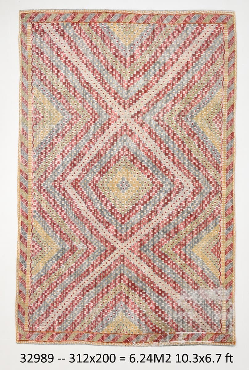 Kilim 200x312 cm, czerwony, oliwkowy, wełna, lata 70. - 212320
