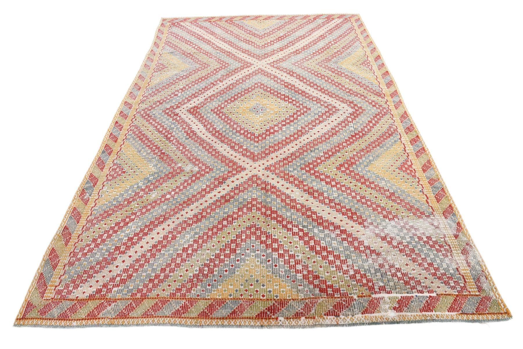 Kilim 200x312 cm, czerwony, oliwkowy, wełna, lata 70.