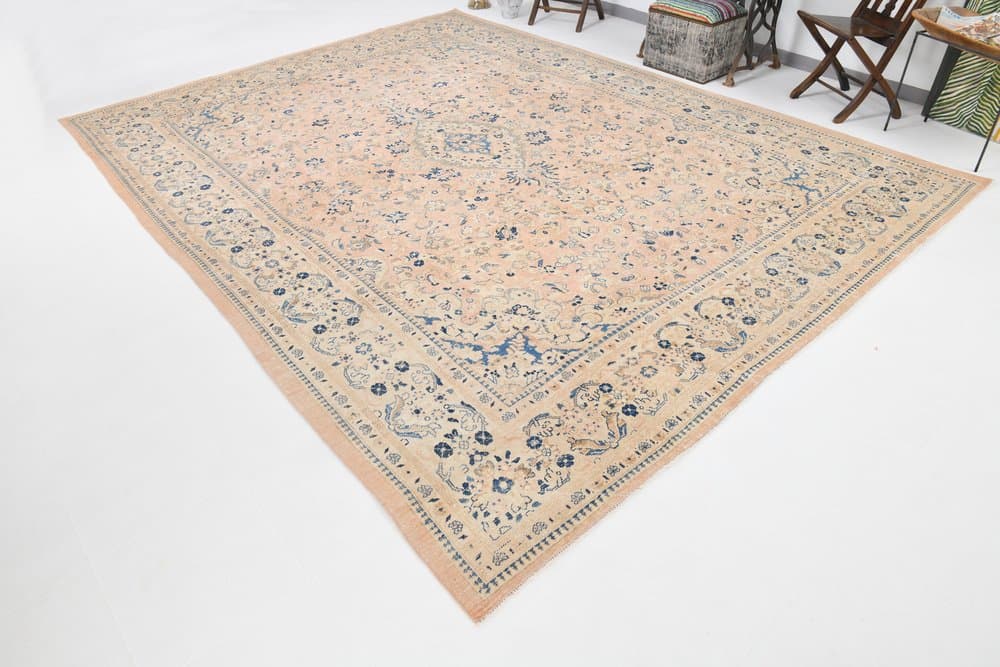 Dywan 390x295 cm, łososiowy, niebieski, wełna, Turcja, lata 60. - 212298