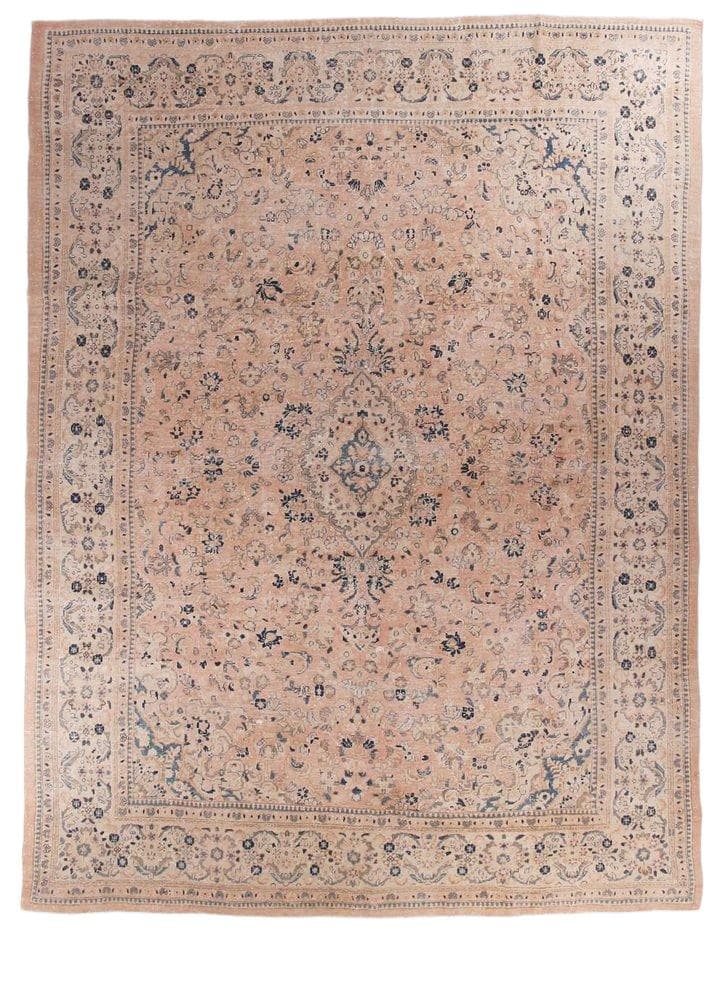 Dywan 390x295 cm, łososiowy, niebieski, wełna, Turcja, lata 60.