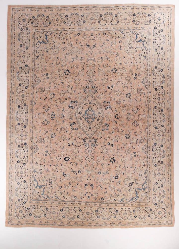 Dywan 390x295 cm, łososiowy, niebieski, wełna, Turcja, lata 60. - 212293