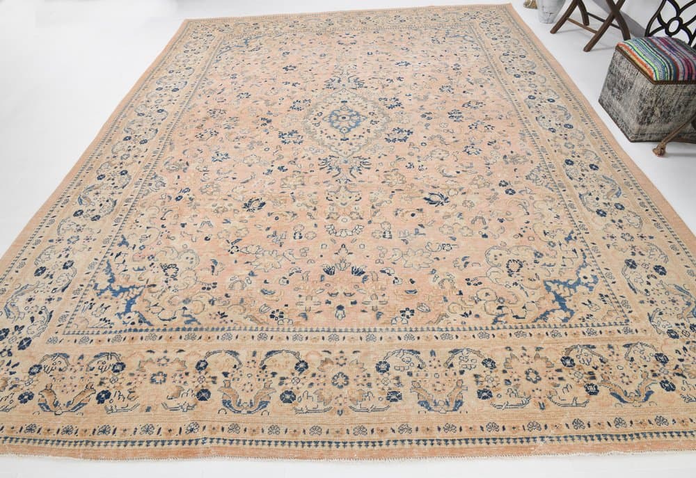 Dywan 390x295 cm, łososiowy, niebieski, wełna, Turcja, lata 60. - 212296