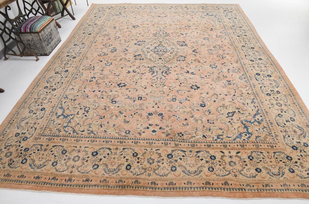 Dywan 390x295 cm, łososiowy, niebieski, wełna, Turcja, lata 60. - 212294