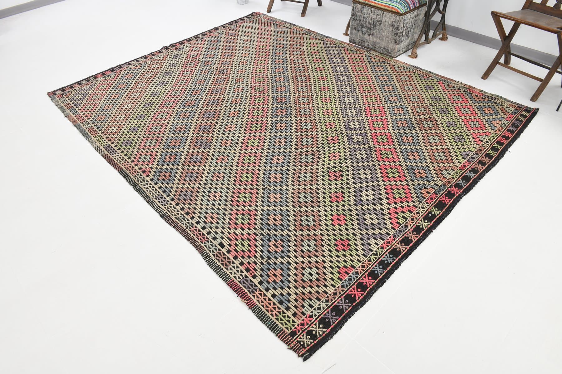 Kilim 207x262 cm, brązowy, wełna, Turcja, lata 70. - 212241