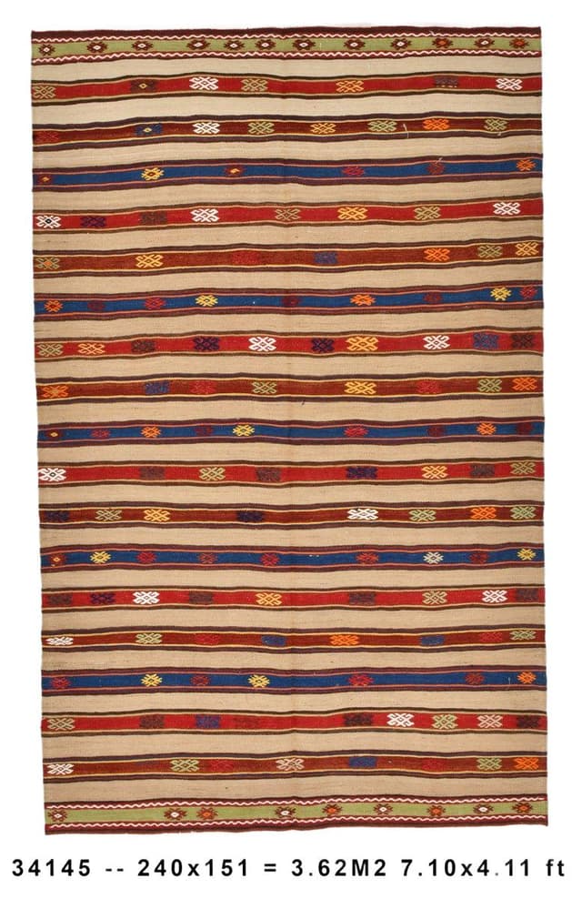 Kilim 151x240 cm, brązowy, wełna, Turcja, lata 60. - WYMIARY