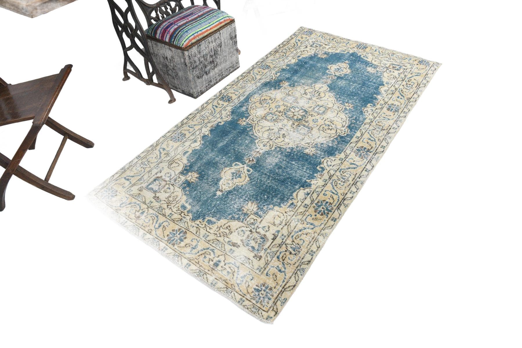 Dywan 212x112 cm, beżowy, niebieski, wełna, Turcja, lata 70. - 212165