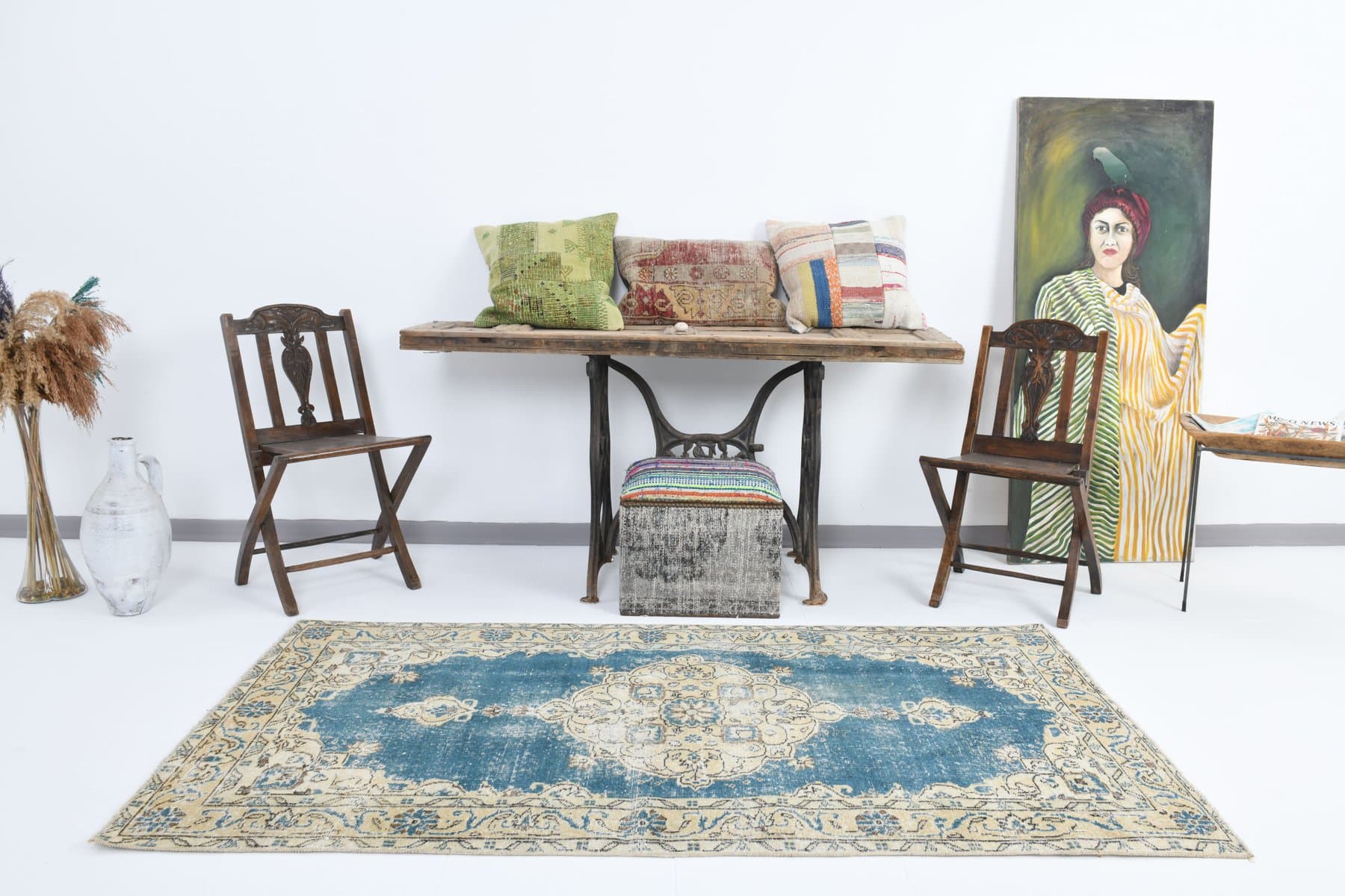 Dywan 212x112 cm, beżowy, niebieski, wełna, Turcja, lata 70. - 212170