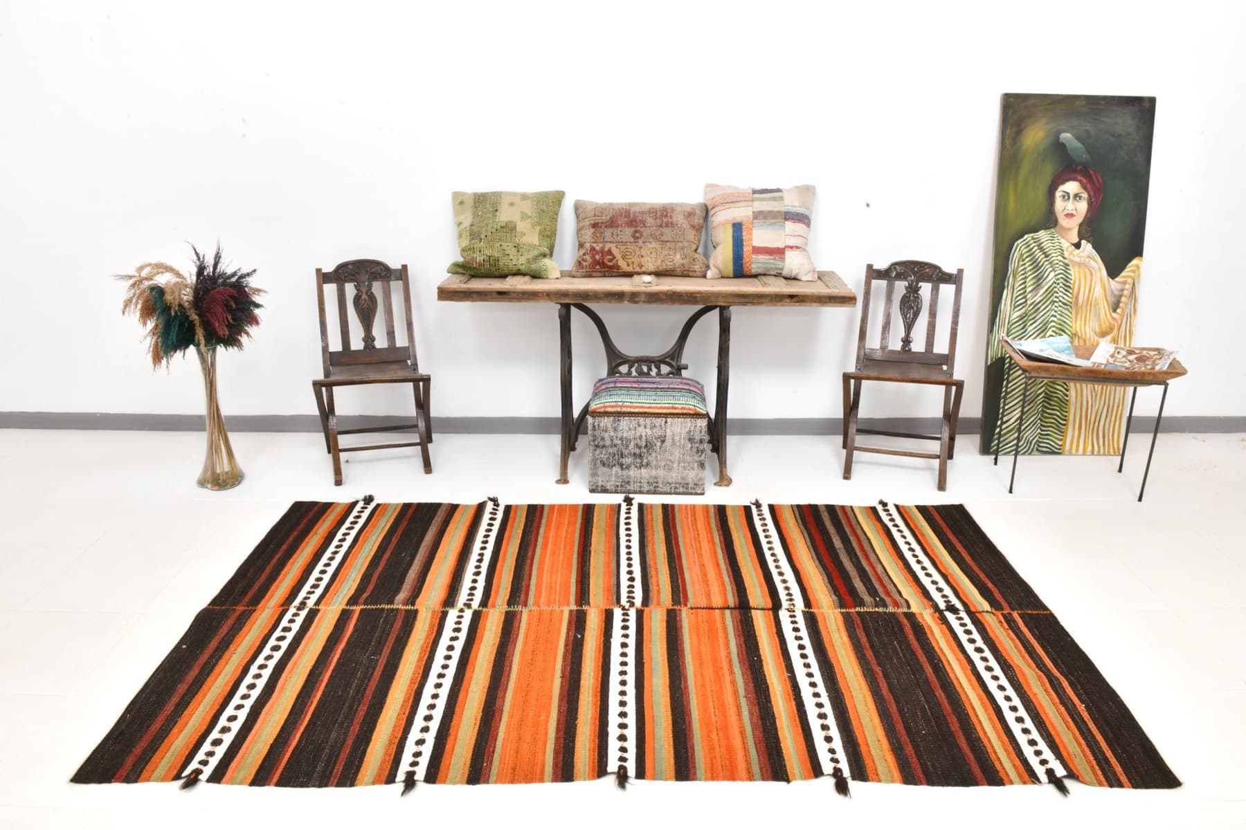 Kilim 150x267 cm, brązowy, pomarańczowy, wełna, Turcja, lata 60. - 212659