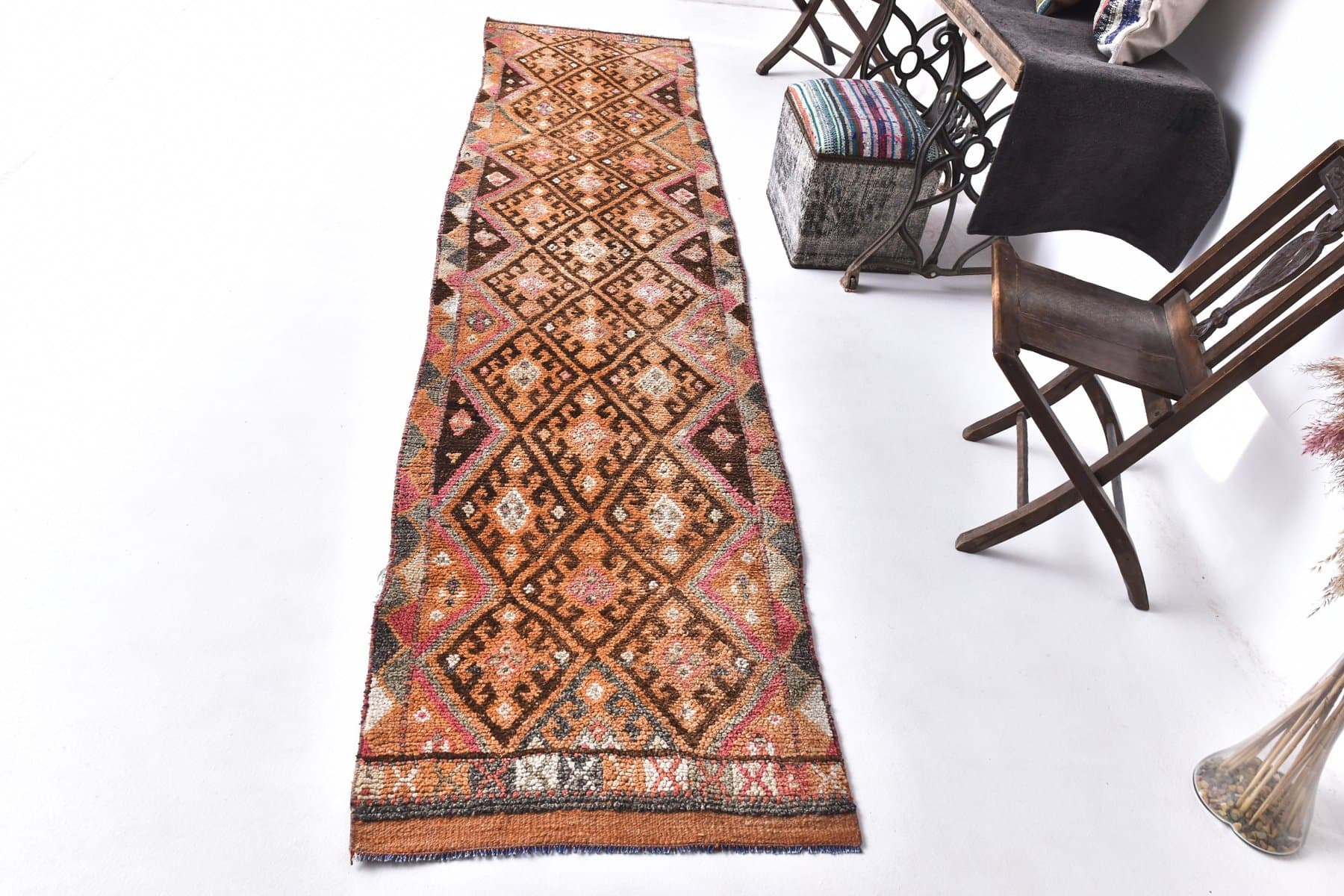 Chodnik 354x84 cm, brązowy, wełna, Turcja, lata 70. - 212791