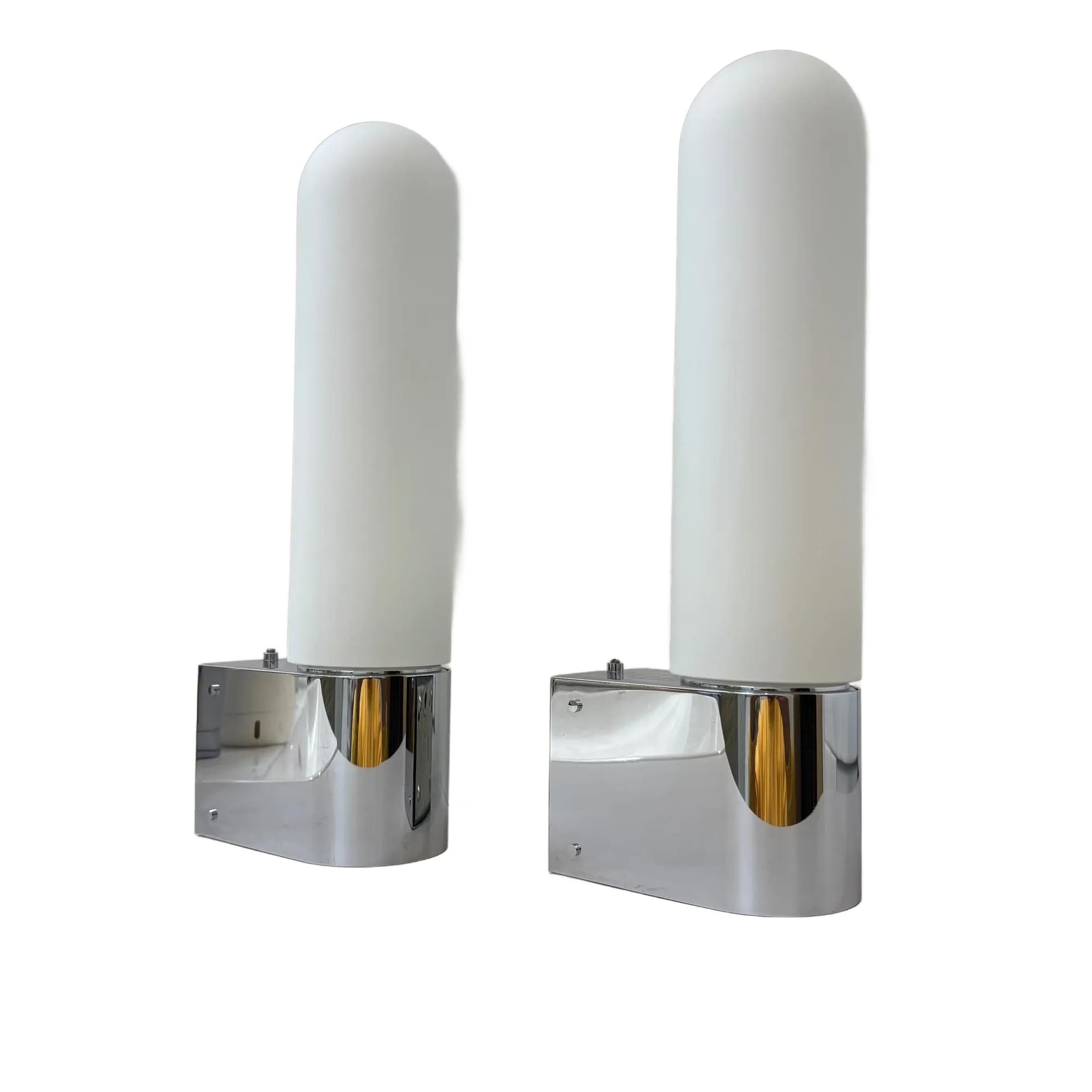 Para kinkietów, szkło białe, metal chromowany, Glashütte Limburg, Niemcy, lata 80.