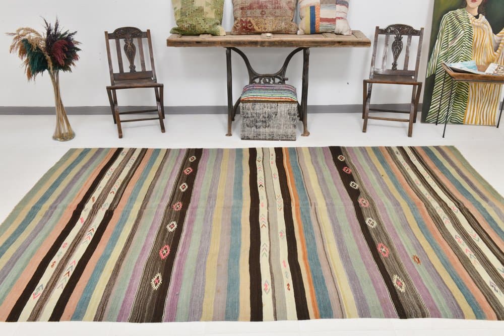 Kilim 186x310 cm, niebieski, beżowy, wełna, Turcja, lata 60. - 212728