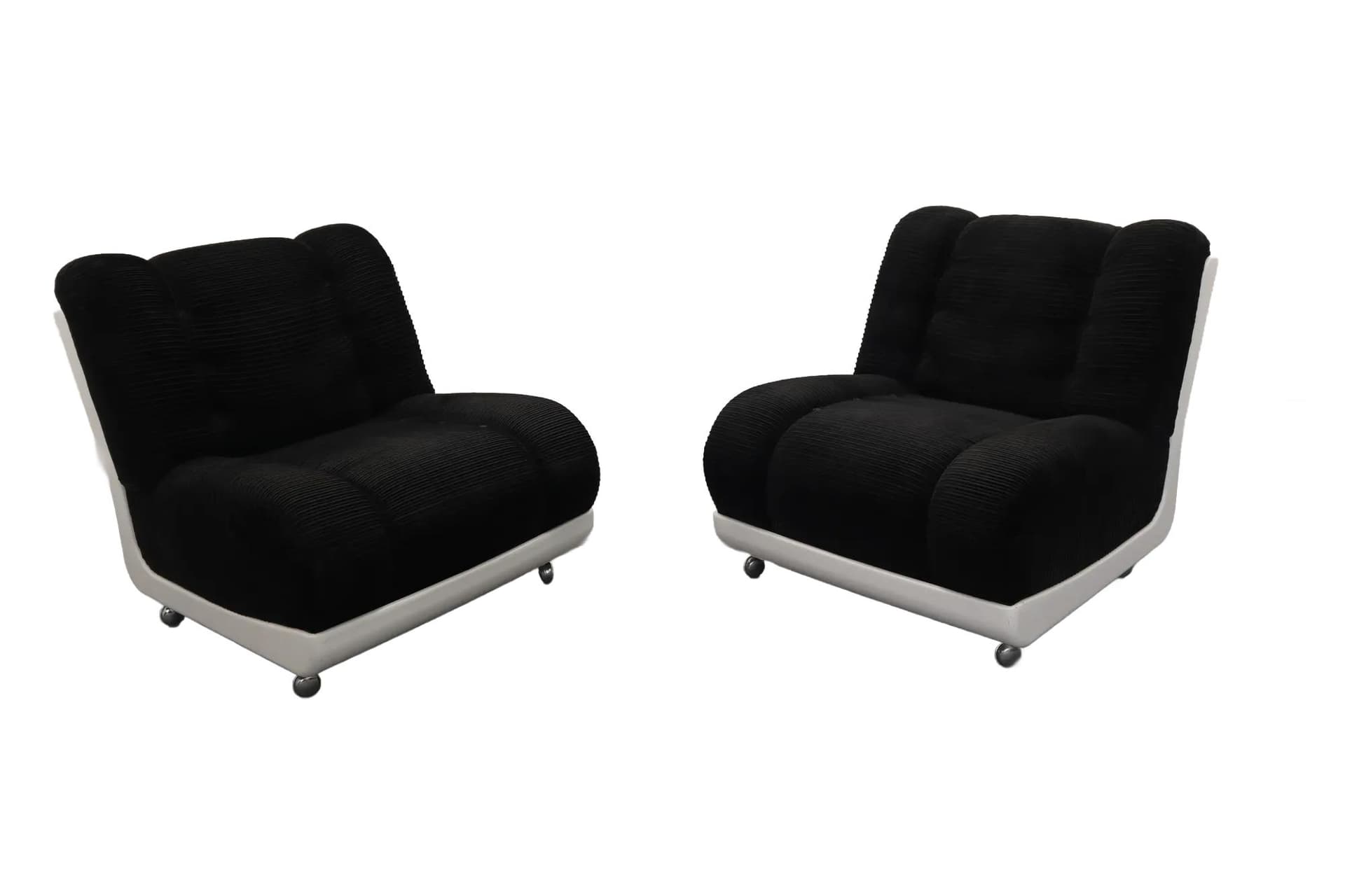 Pair of armchairs Space Age, black corduroy, white plastic, Italy, 1970s.