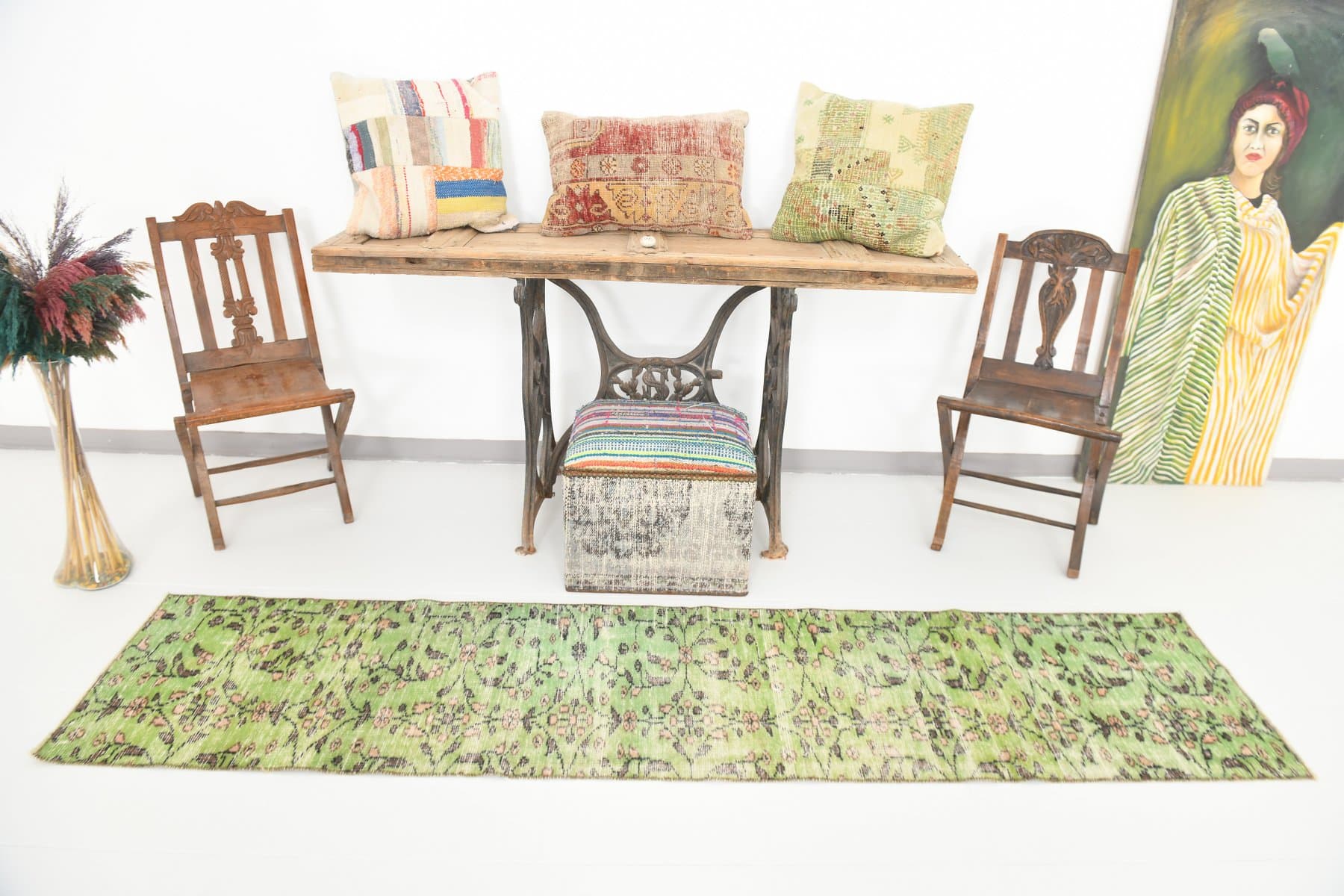 Chodnik 57x255 cm, zielony, wełna, lata 70. - 212671