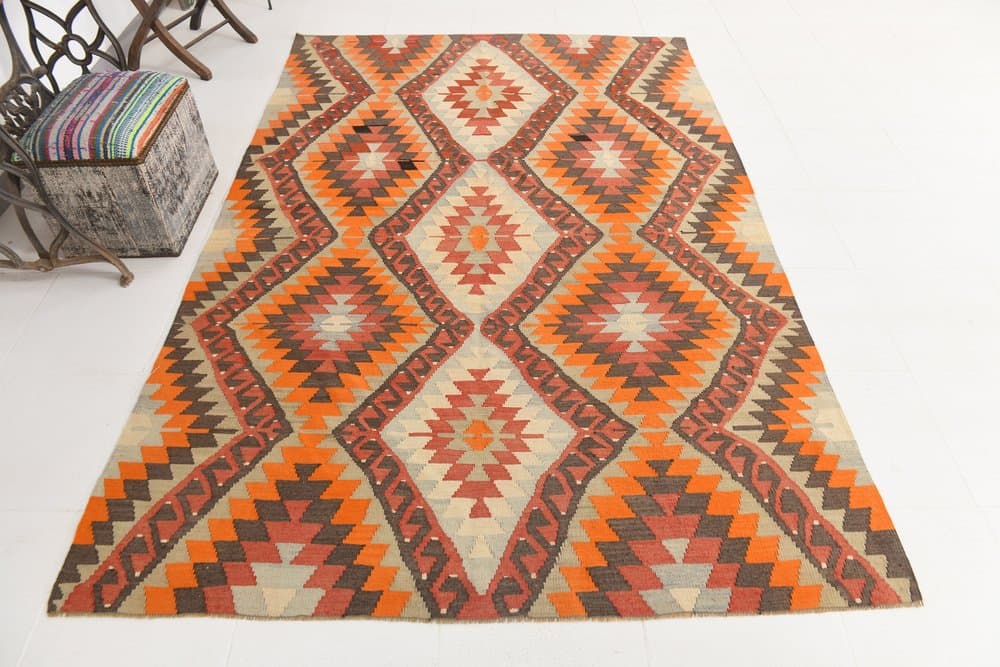 Kilim 178x267 cm, pomarańczowy, brązowy, wełna, lata 70. - 213077