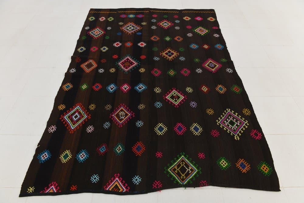 Kilim 252x171 cm, brązowy, różowy, wełna, lata 70. - 213313