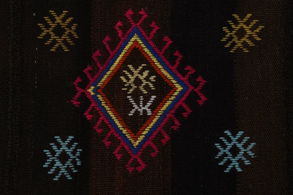Kilim 252x171 cm, brązowy, różowy, wełna, lata 70. - 213321