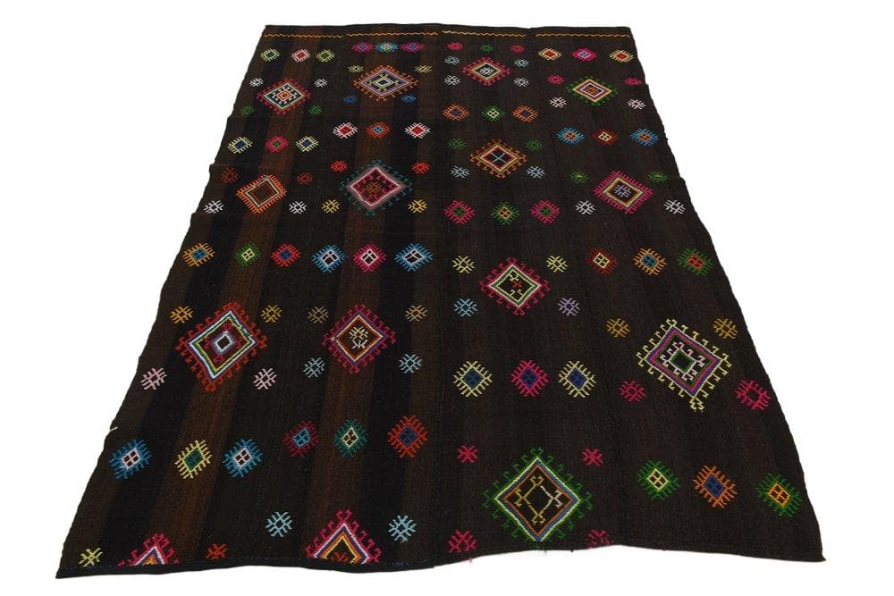 Kilim 252x171 cm, brązowy, różowy, wełna, lata 70.