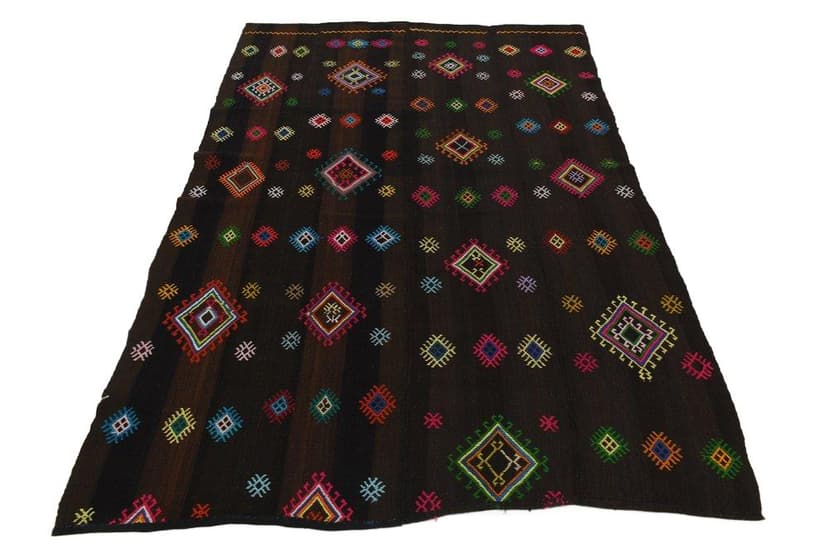 Kilim 252x171 cm, brązowy, różowy, wełna, lata 70.