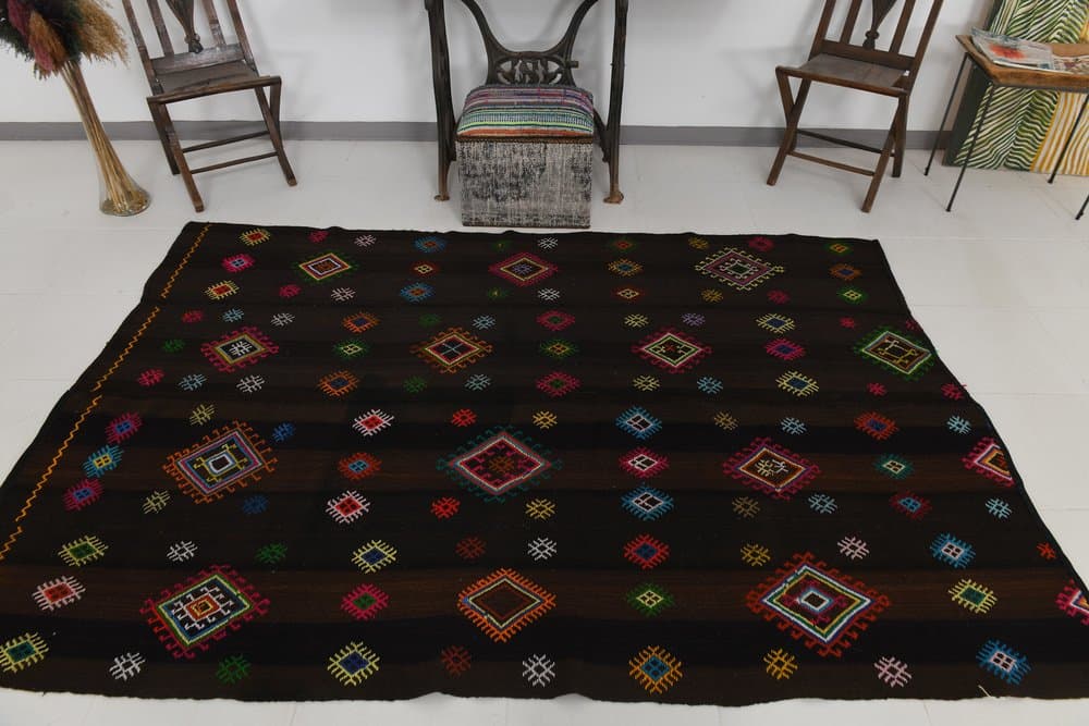 Kilim 252x171 cm, brązowy, różowy, wełna, lata 70. - 213315