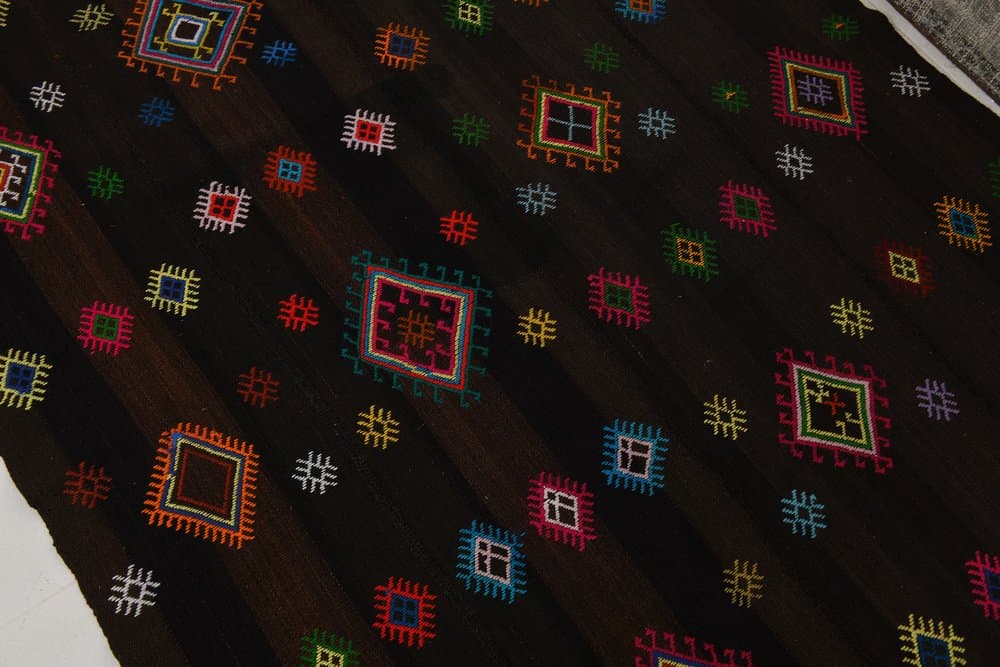 Kilim 252x171 cm, brązowy, różowy, wełna, lata 70. - 213317