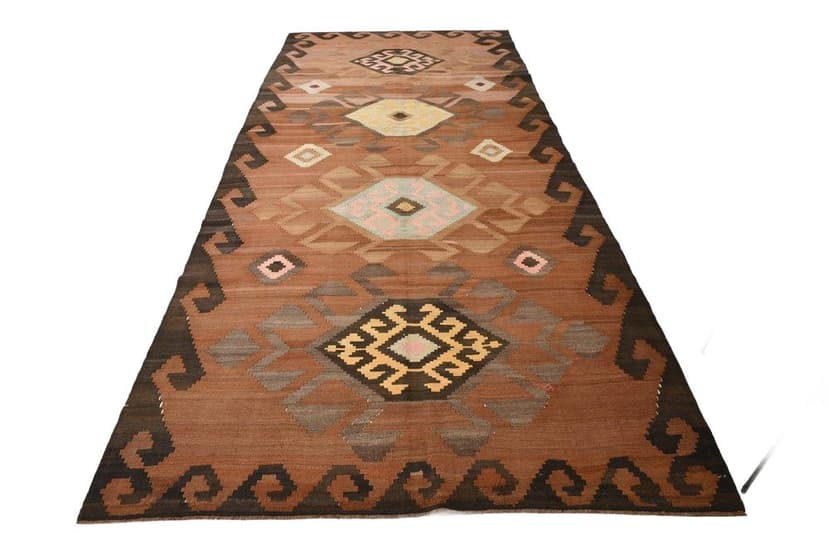 Kilim 174x398 cm, brown, pink, wool, 1970s