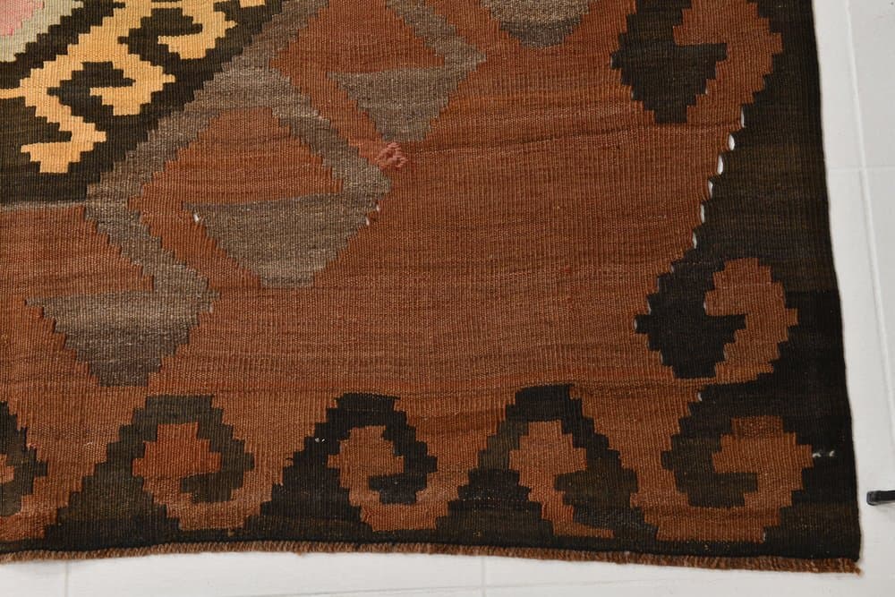 Kilim 174x398 cm, brązowy, różowy, wełna, lata 70. - 213282