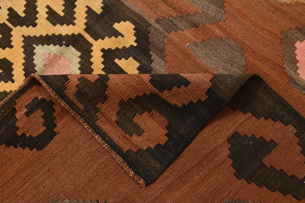 Kilim 174x398 cm, brązowy, różowy, wełna, lata 70. - 213274