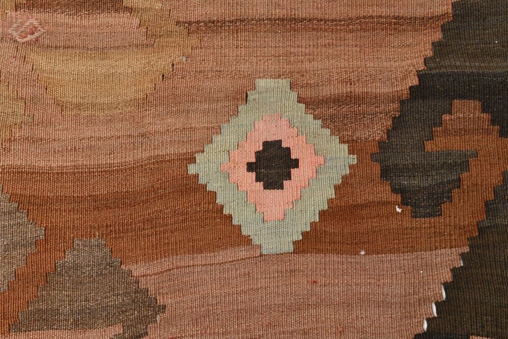 Kilim 174x398 cm, brązowy, różowy, wełna, lata 70. - 213273