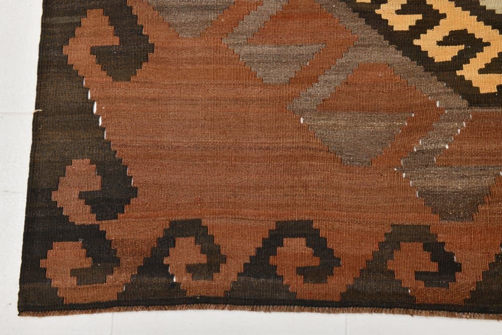 Kilim 174x398 cm, brązowy, różowy, wełna, lata 70. - 213280