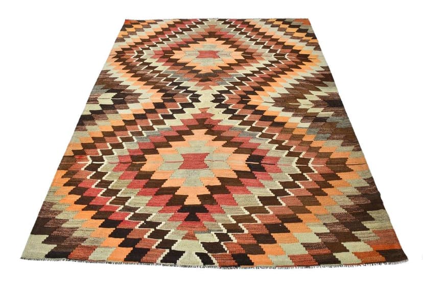 Kilim 225x176 cm, brązowy, czerwony, wełna, lata 70.
