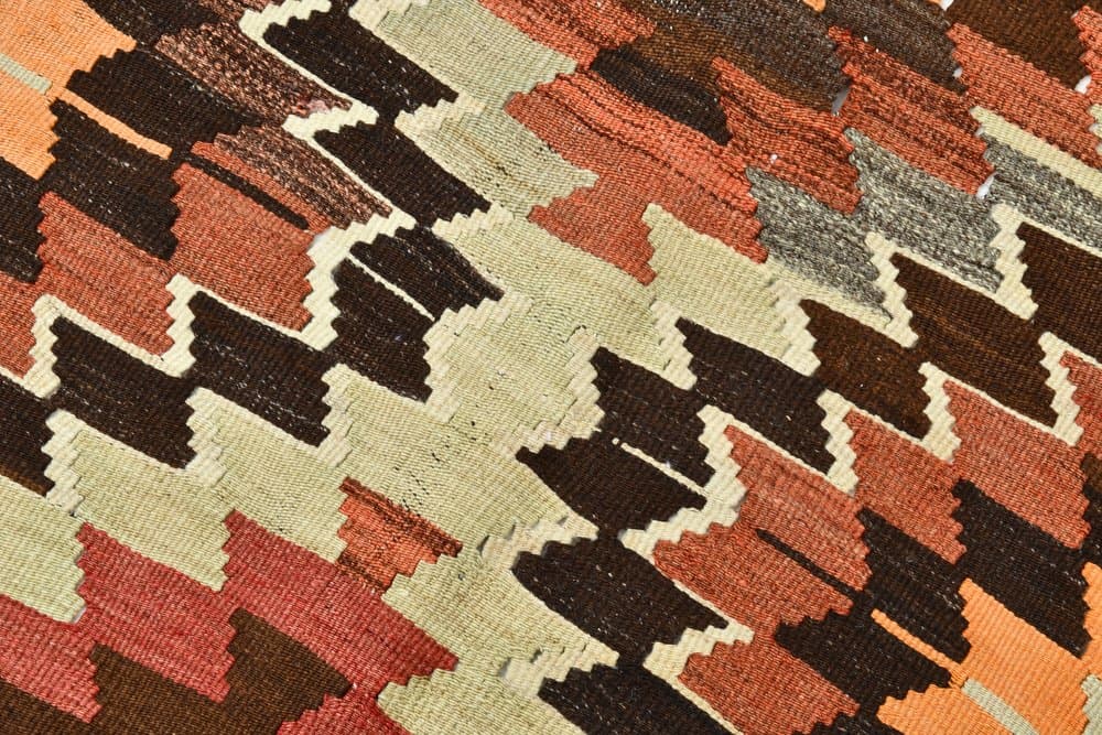 Kilim 225x176 cm, brązowy, czerwony, wełna, lata 70. - 213531