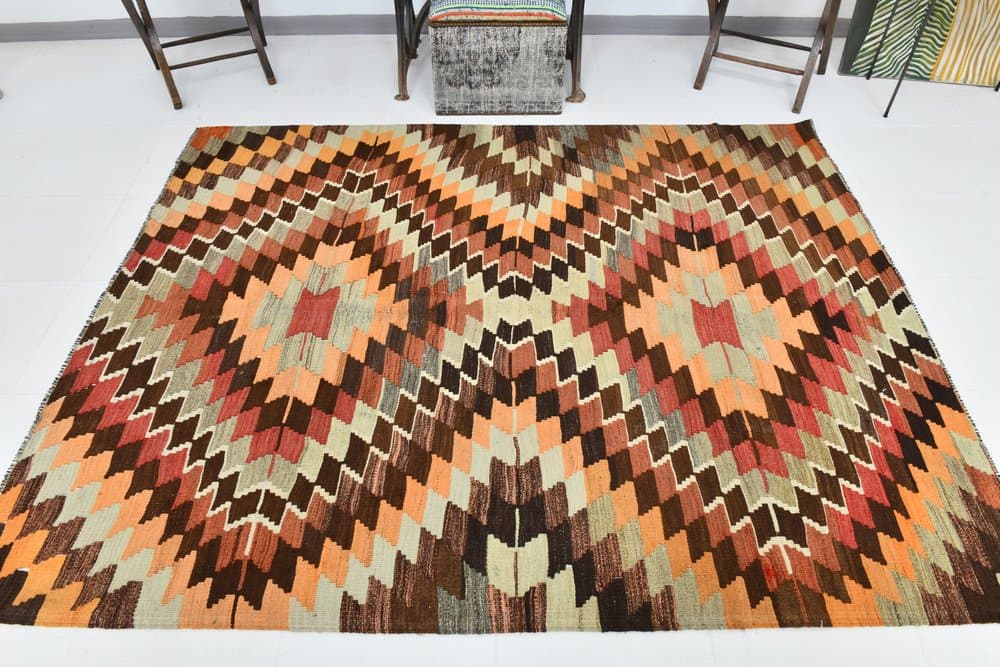 Kilim 225x176 cm, brązowy, czerwony, wełna, lata 70. - 213530