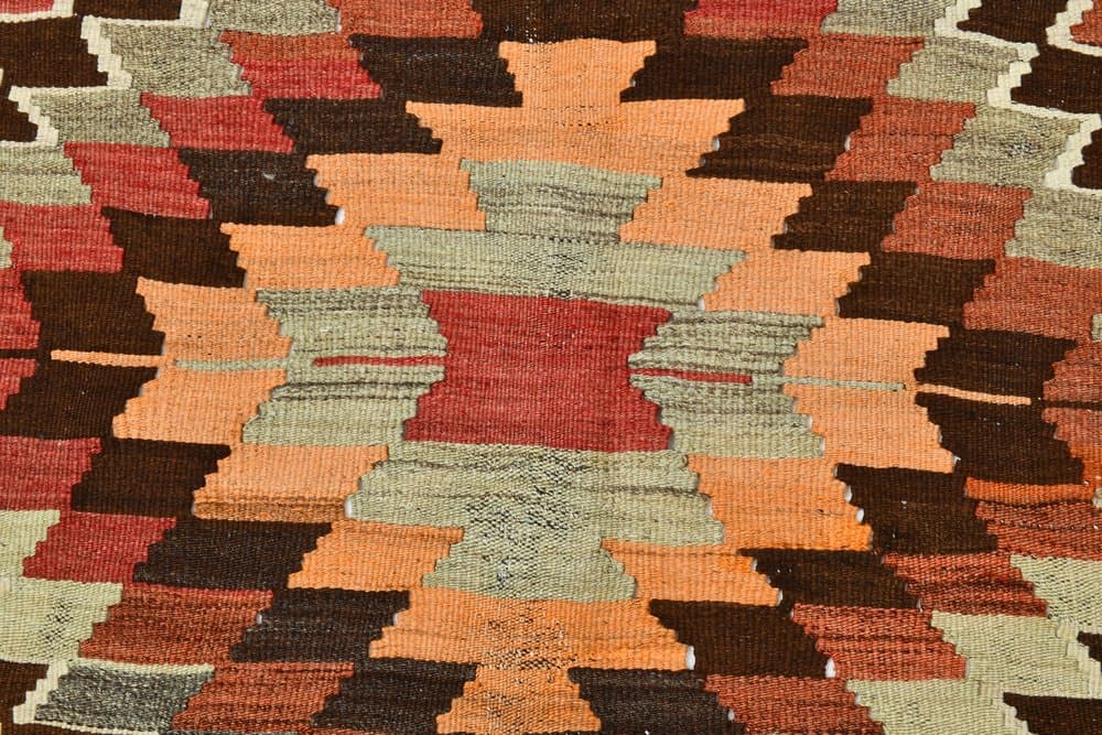 Kilim 225x176 cm, brązowy, czerwony, wełna, lata 70. - 213533