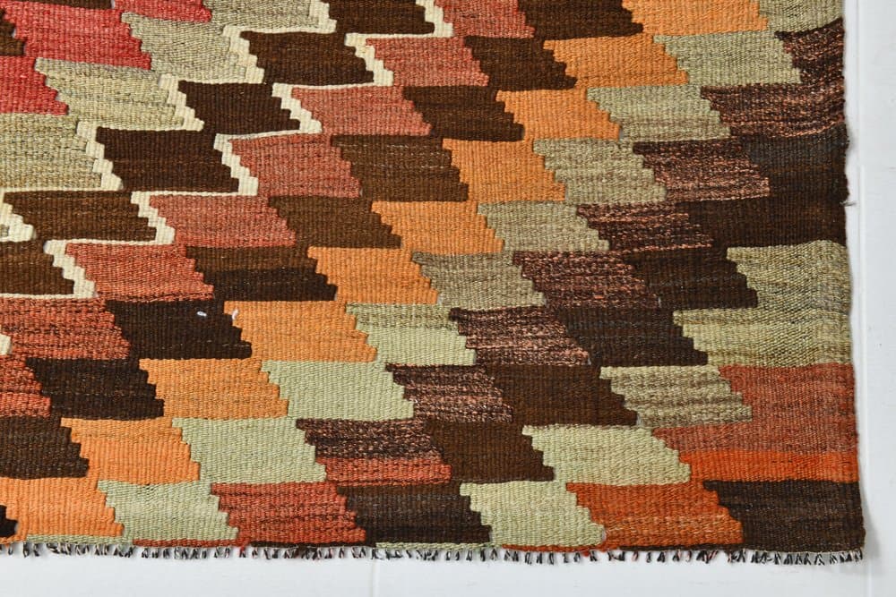 Kilim 225x176 cm, brązowy, czerwony, wełna, lata 70. - 213536