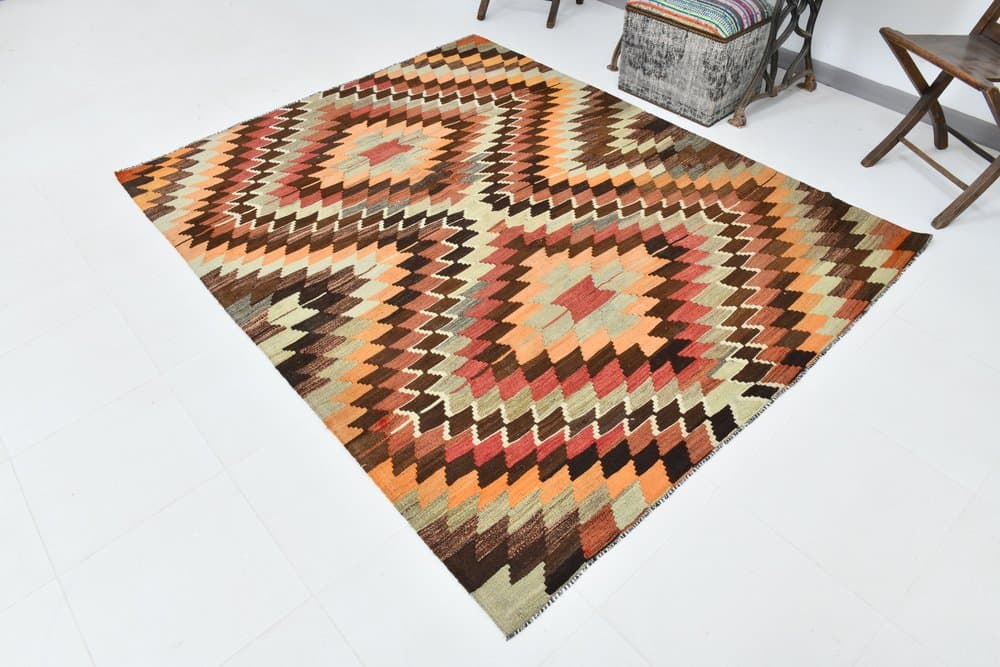 Kilim 225x176 cm, brązowy, czerwony, wełna, lata 70. - 213526
