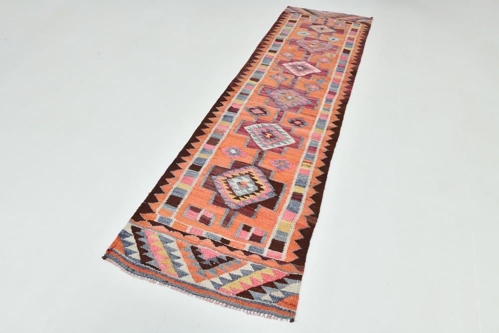 Runner Kilim Rug 303x82 cm, pink, beige, wool, Turkey, 1970s - 213565