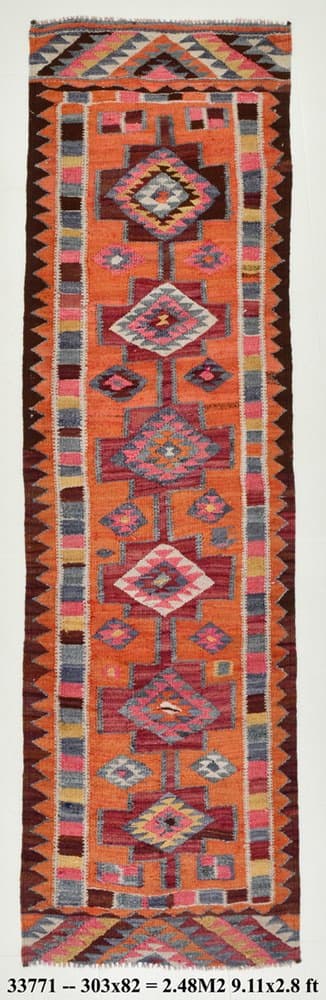 Runner Kilim Rug 303x82 cm, pink, beige, wool, Turkey, 1970s - 213569