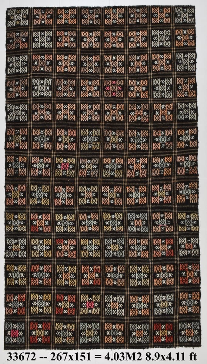 Kilim 151x267 cm, czarny, czerwony, wełna, Turcja, lata 60. - 214114