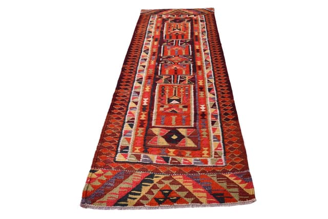 Chodnik kilim 275x96 cm, czerwony, wełna, Turcja, lata 60. - WYMIARY