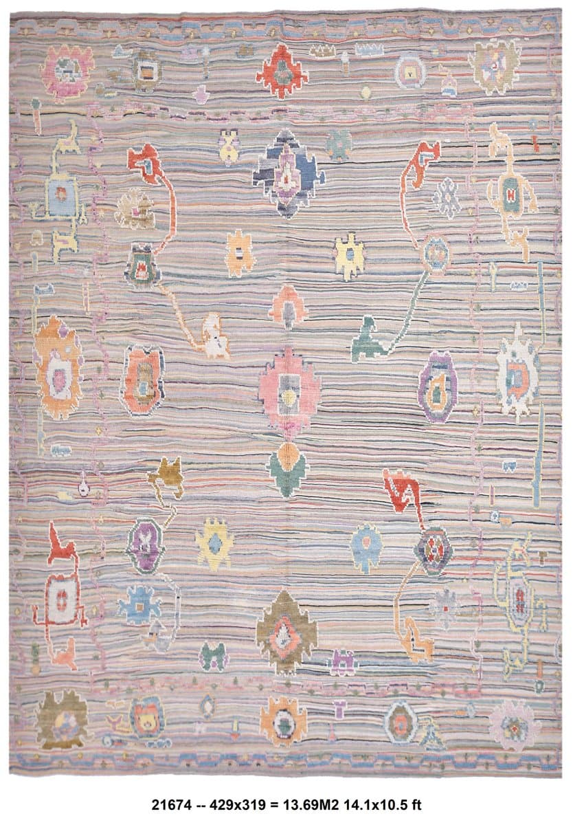 Dywan Oushak 429x319 cm, niebieski, beżowy, wełna, Turcja, lata 70.