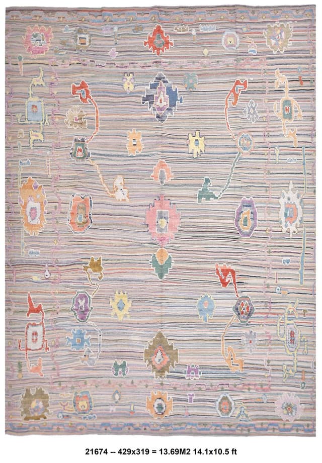 Dywan Oushak 429x319 cm, niebieski, beżowy, wełna, Turcja, lata 70. - WYMIARY