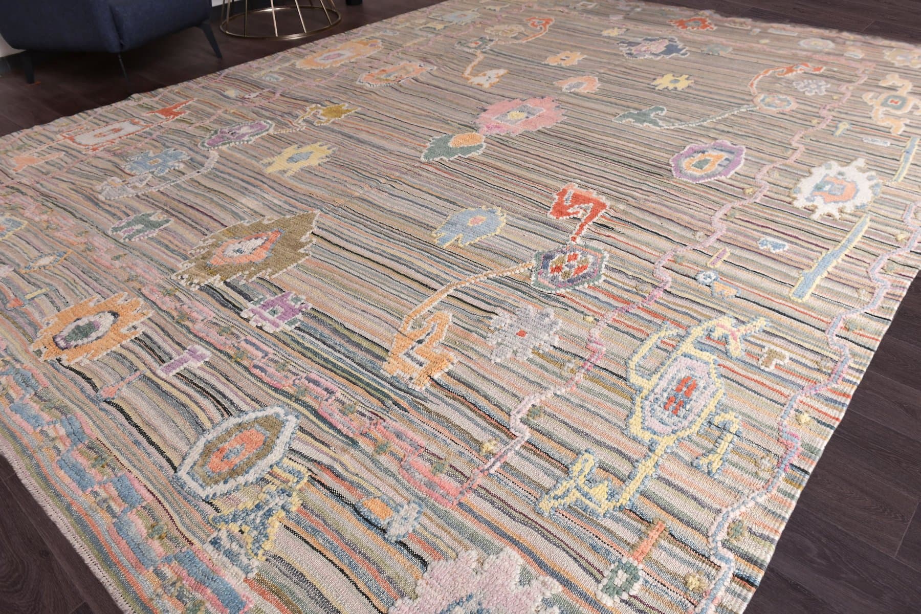 Dywan Oushak 429x319 cm, niebieski, beżowy, wełna, Turcja, lata 70. - 213974