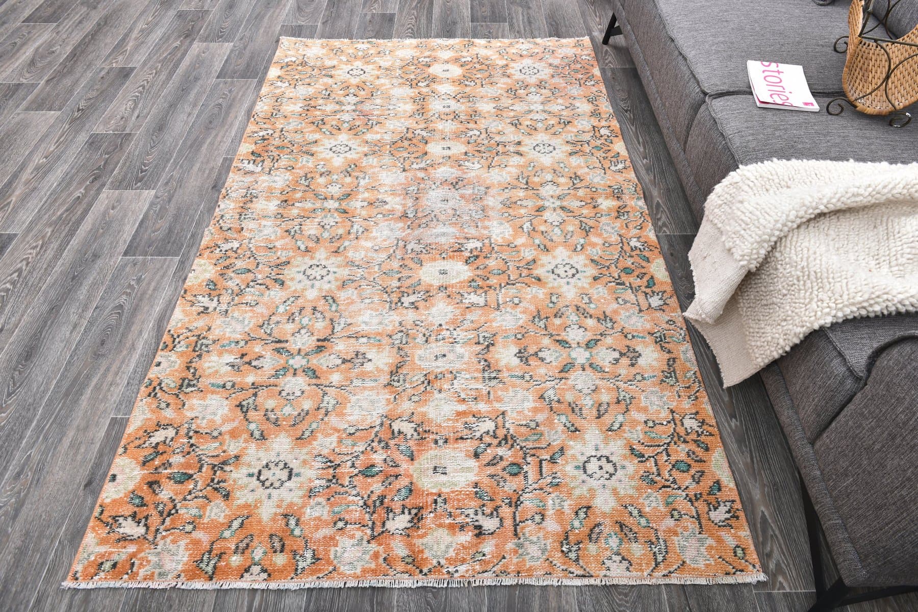 Dywan 131x219 cm, pomarańczowy, zielony, wełna, Turcja, lata 70. - 213889