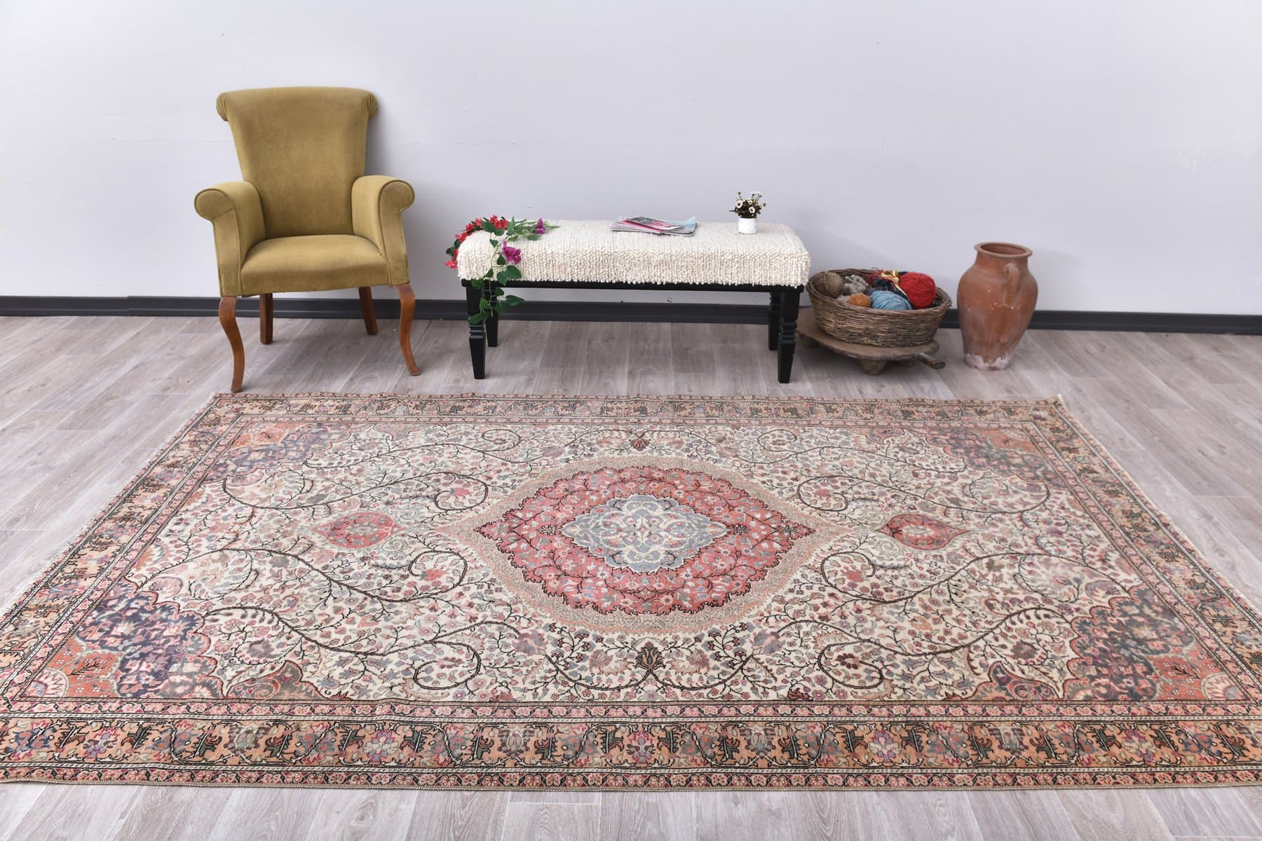 Rug 198x292 cm, red, beige, wool, Turkey, 1960s - 213878