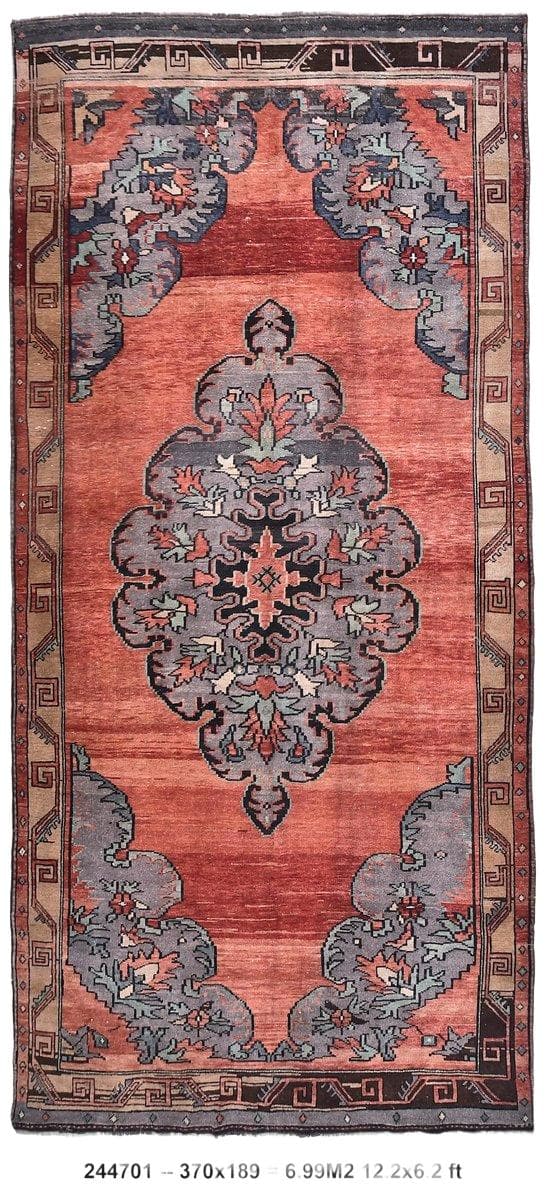 Dywan 189x370 cm, czerwony, szary, wełna, Turcja, lata 70.