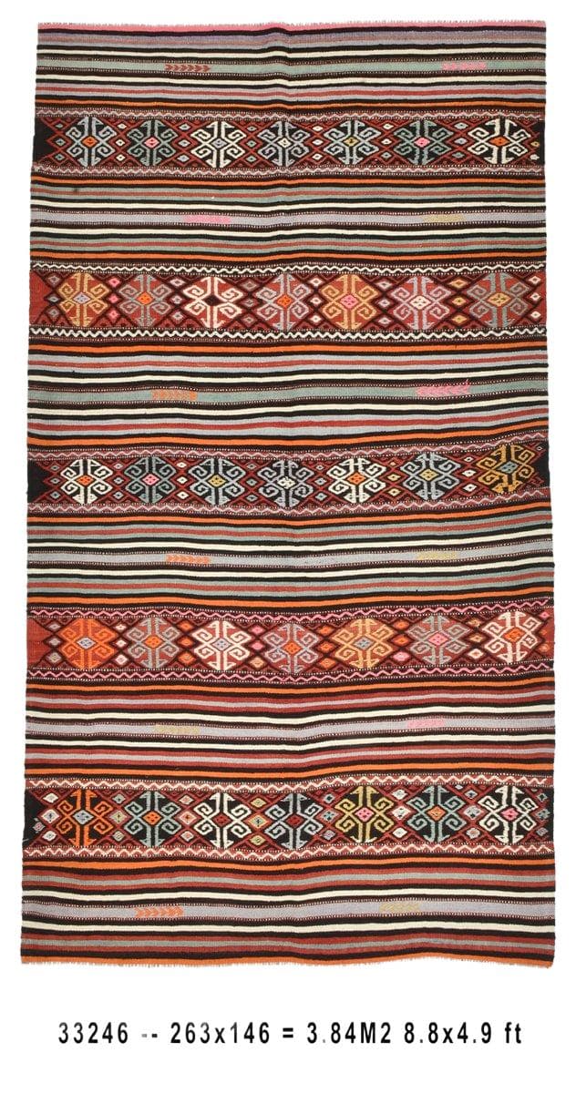 Kilim 146x263 cm, black, orange, wool, Turkey, 1960s - DIMENSION